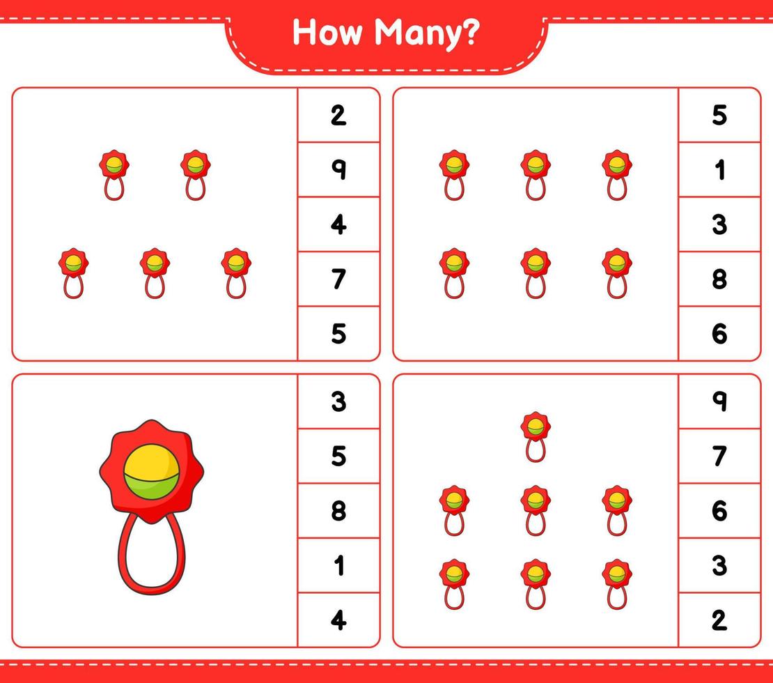 Counting game, how many Baby Rattle. Educational children game, printable worksheet, vector illustration