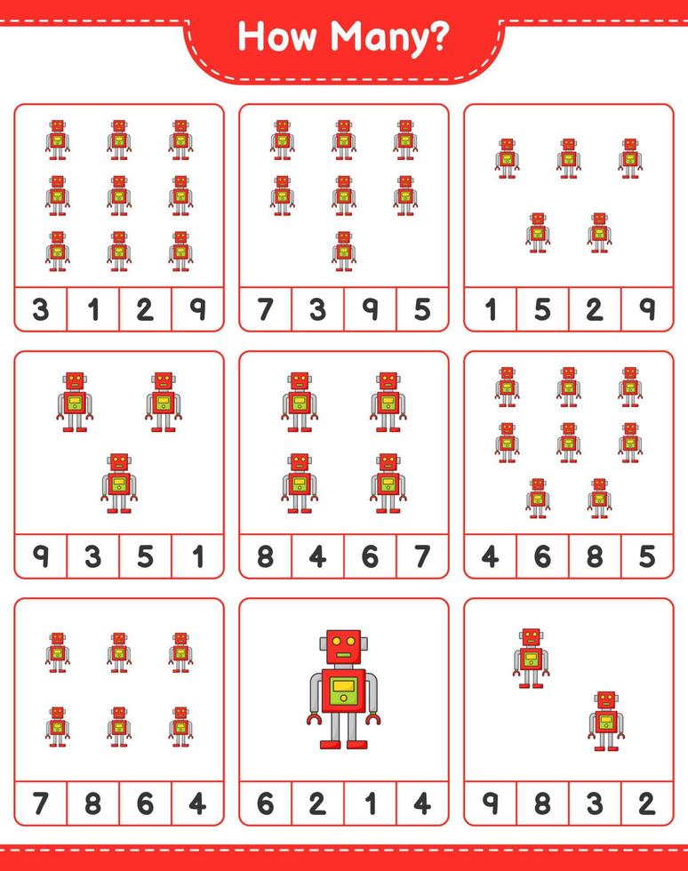 Counting game, how many Robot Character. Educational children game, printable worksheet, vector illustration