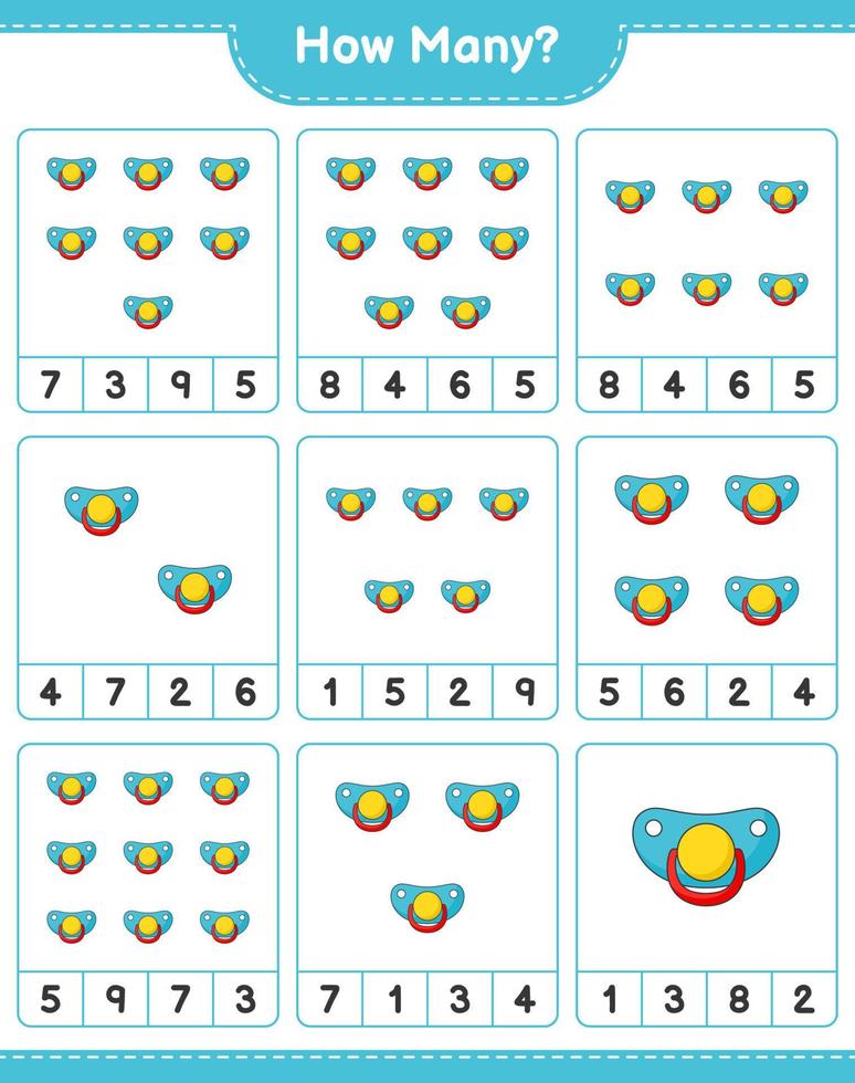 Counting game, how many Pacifier. Educational children game, printable worksheet, vector illustration