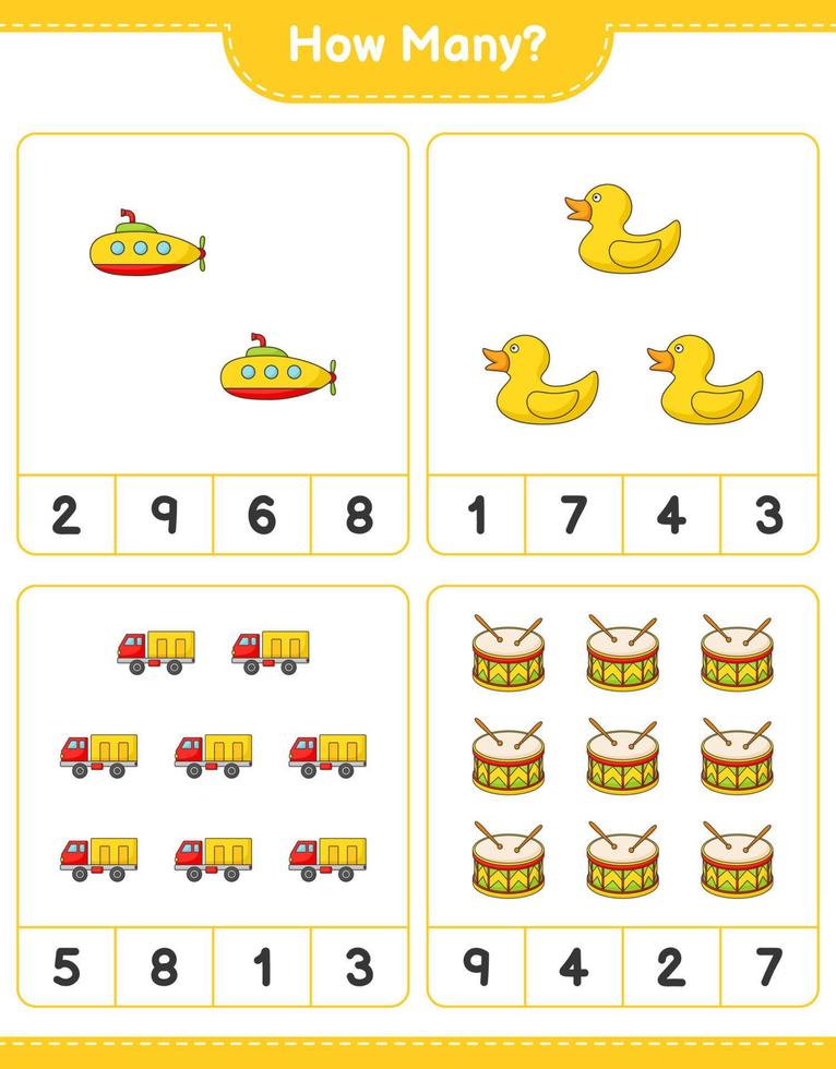 juego de conteo, cuántos submarinos, patitos de goma, camiones y tambores. juego educativo para niños, hoja de cálculo imprimible, ilustración vectorial vector