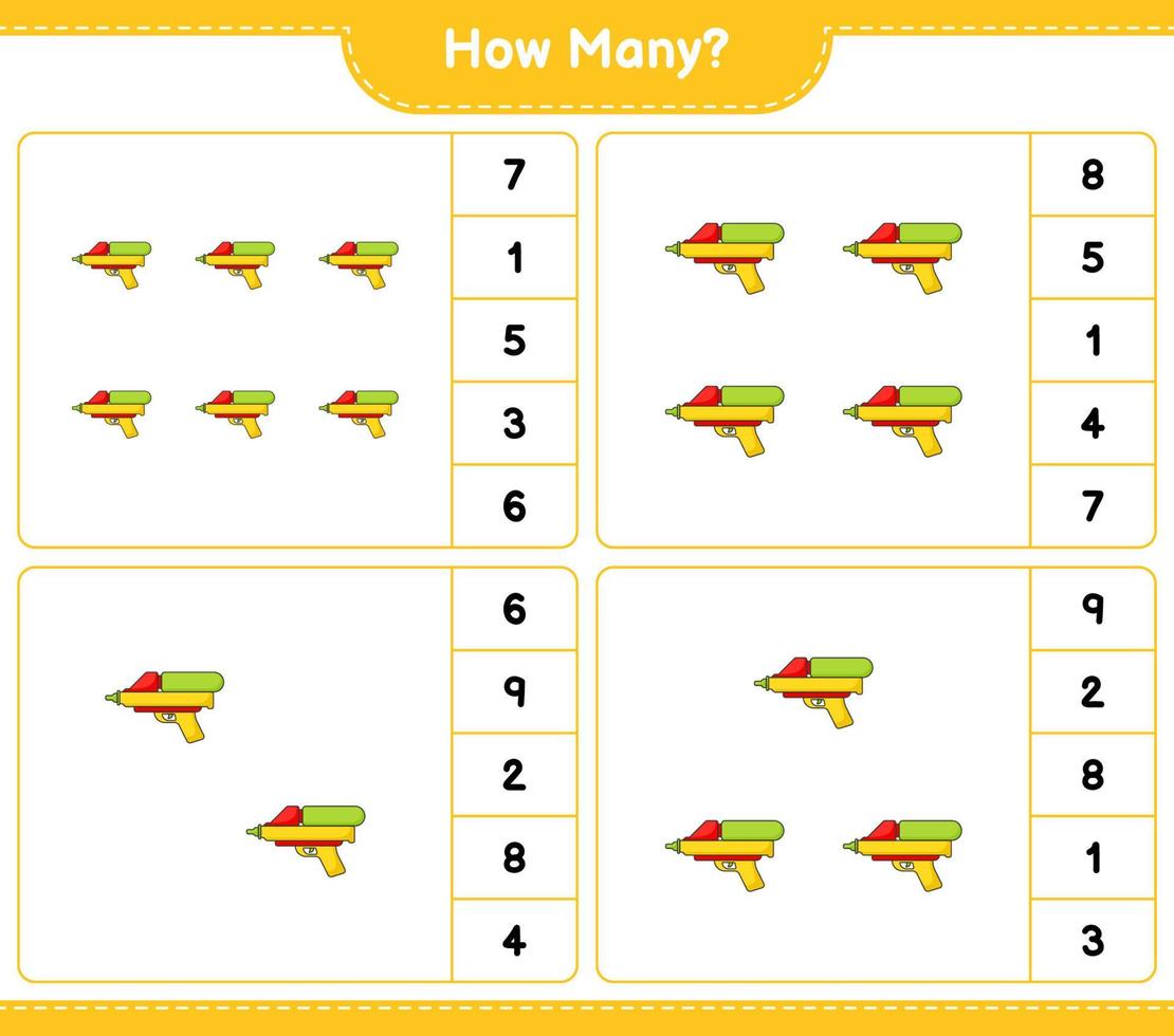 Counting game, how many Water Gun. Educational children game, printable worksheet, vector illustration