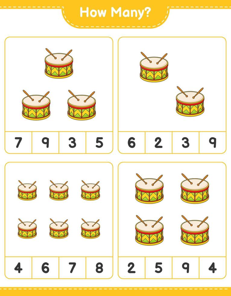 Counting game, how many Drum. Educational children game, printable worksheet, vector illustration