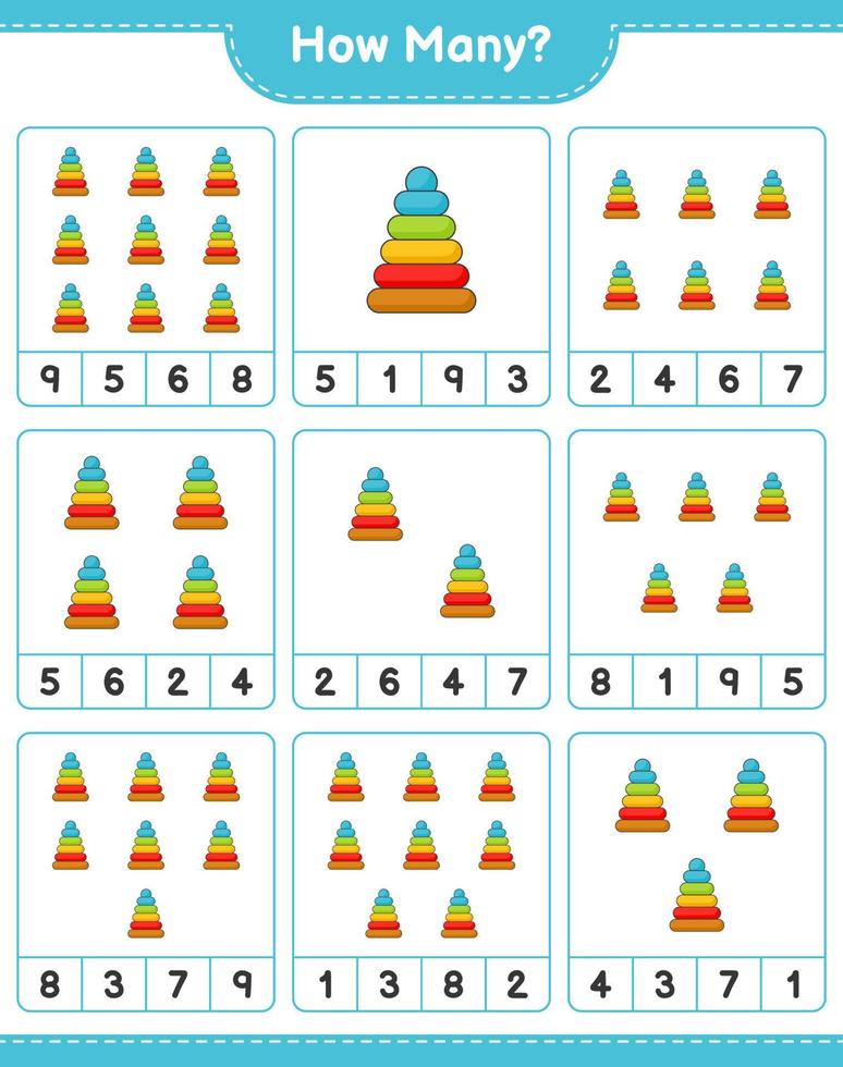 juego de conteo, cuántos juguetes piramidales. juego educativo para niños, hoja de cálculo imprimible, ilustración vectorial vector