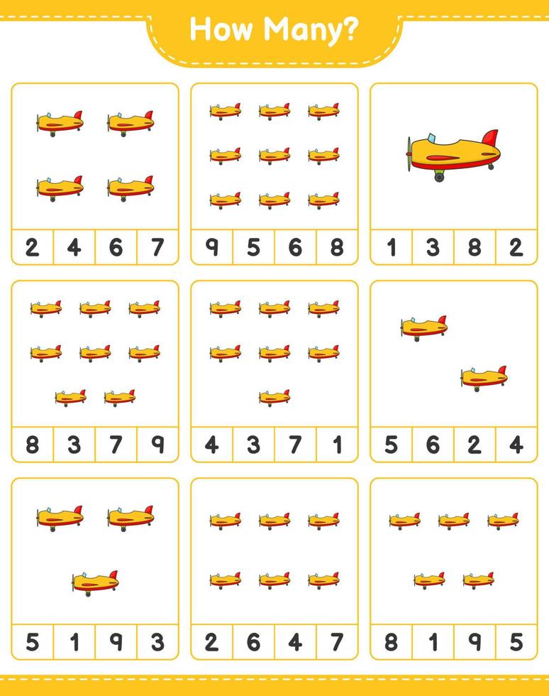 Counting game, how many Plane. Educational children game, printable worksheet, vector illustration