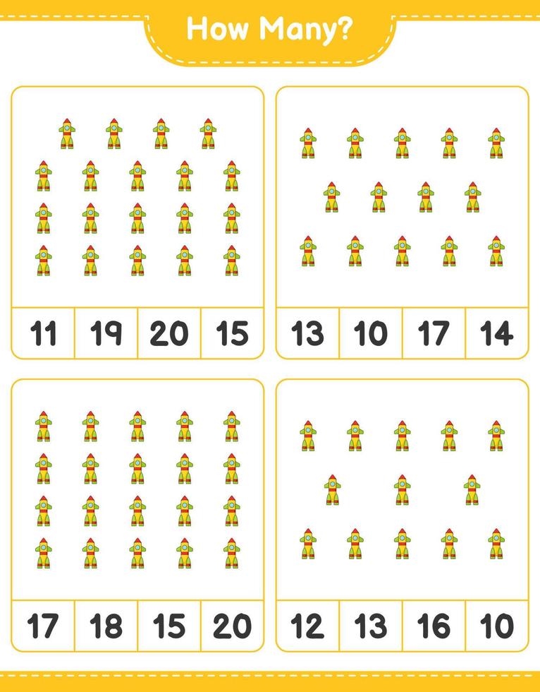 Counting game, how many Rocket. Educational children game, printable worksheet, vector illustration