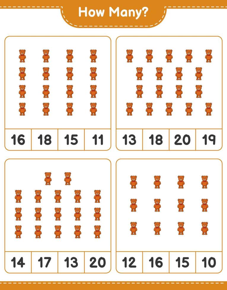 Counting game, how many Teddy Bear. Educational children game, printable worksheet, vector illustration