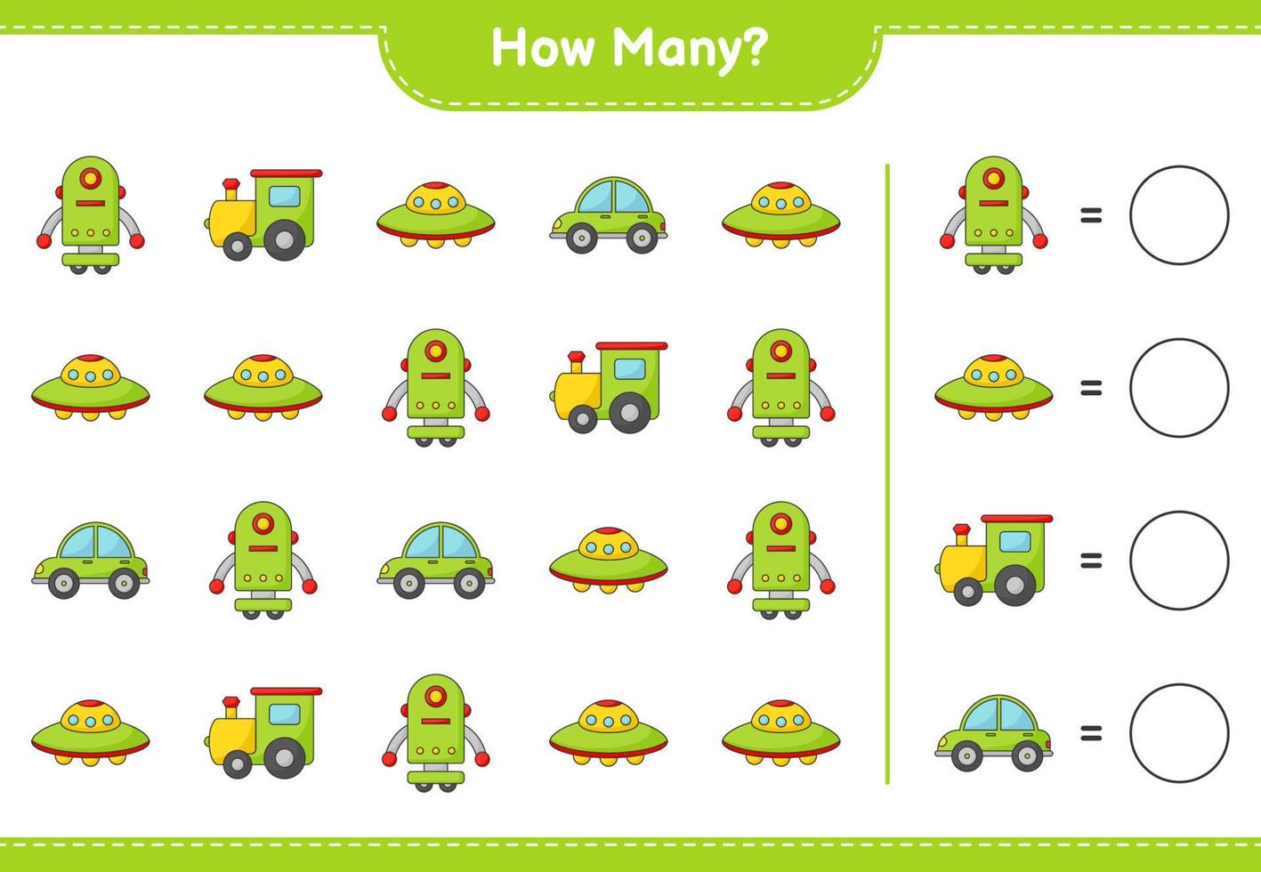 Counting game, how many Train, Robot Character, Car, and Ufo. Educational children game, printable worksheet, vector illustration