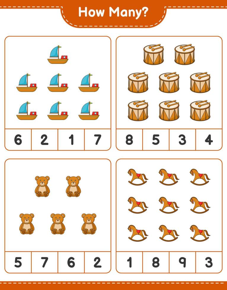 Counting game, how many Boat, Drum, Teddy Bear, and Rocking Horse. Educational children game, printable worksheet, vector illustration
