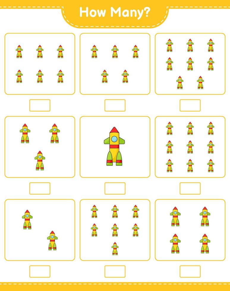 Counting game, how many Rocket. Educational children game, printable worksheet, vector illustration