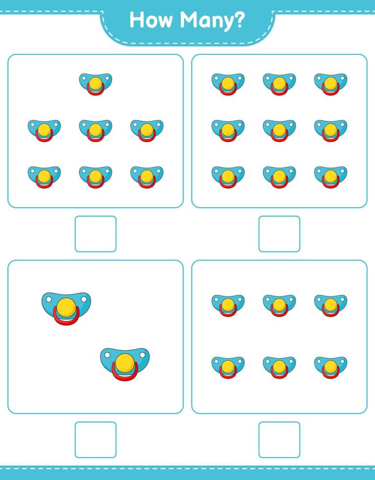 Counting game, how many Pacifier. Educational children game, printable worksheet, vector illustration