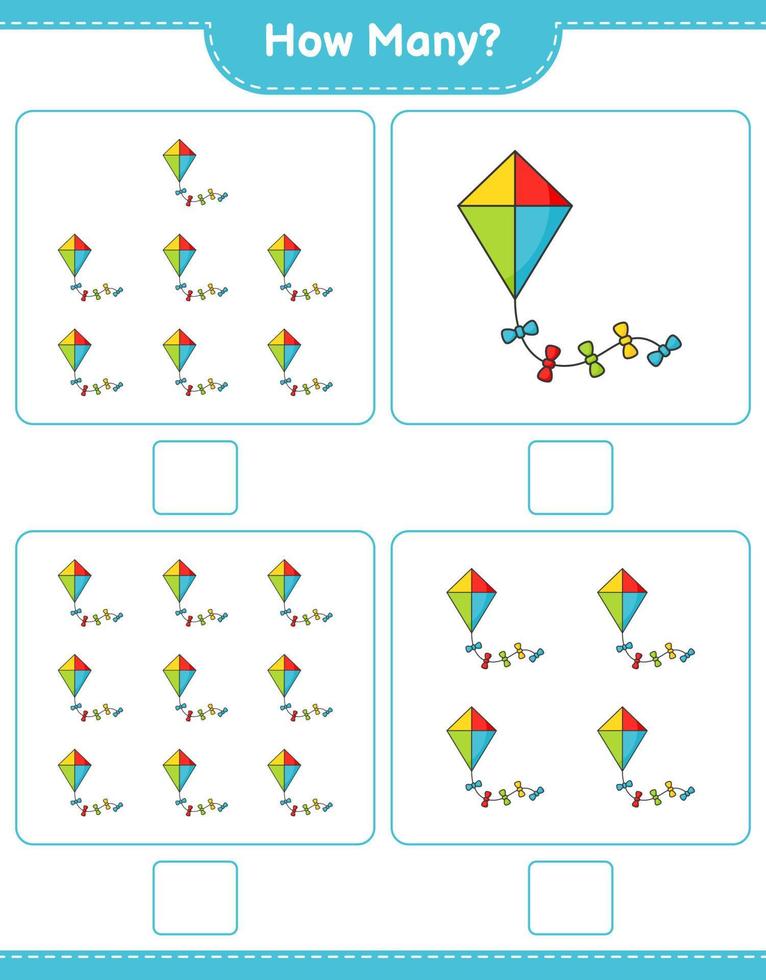 Counting game, how many Kite. Educational children game, printable worksheet, vector illustration