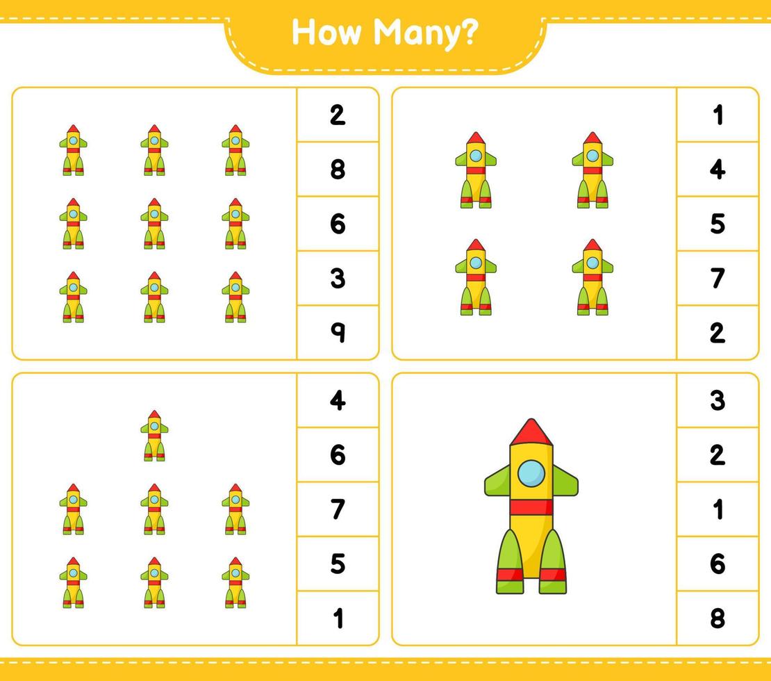 Counting game, how many Rocket. Educational children game, printable worksheet, vector illustration