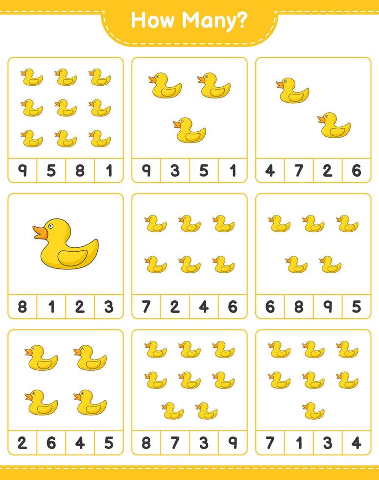 Counting game, how many Rubber Duck. Educational children game, printable worksheet, vector illustration