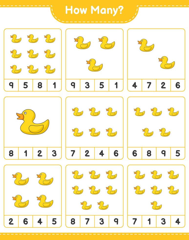 Counting game, how many Rubber Duck. Educational children game, printable worksheet, vector illustration