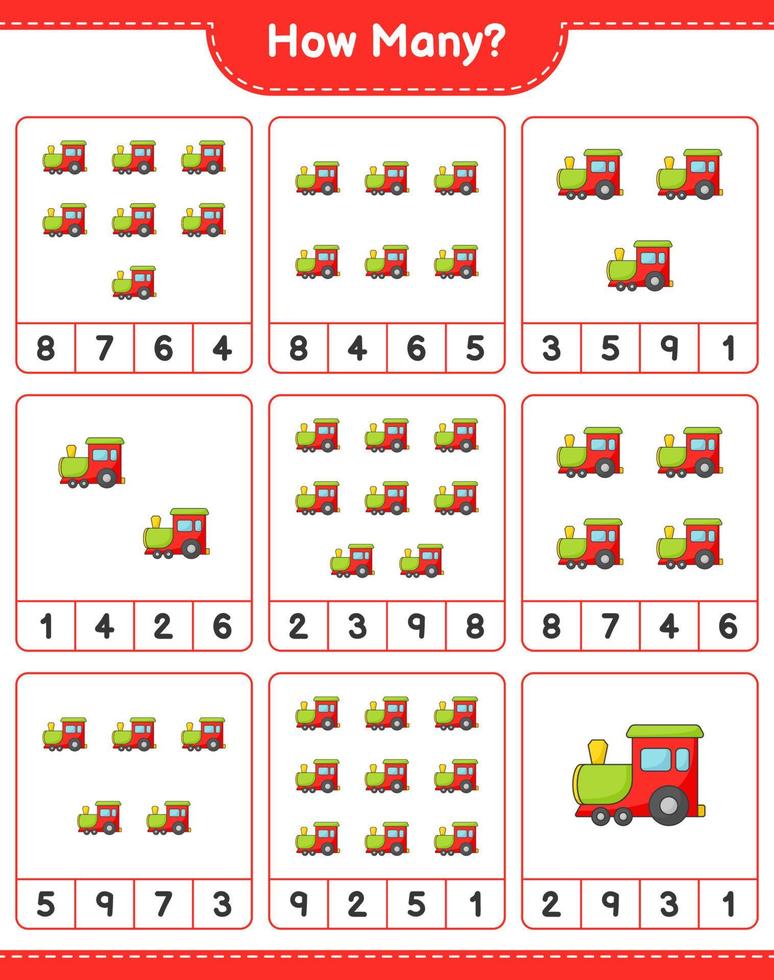 Counting game, how many Train. Educational children game, printable worksheet, vector illustration