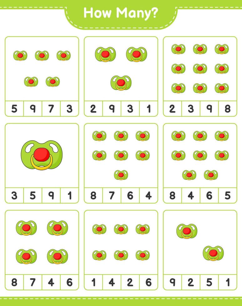 Counting game, how many Pacifier. Educational children game, printable worksheet, vector illustration