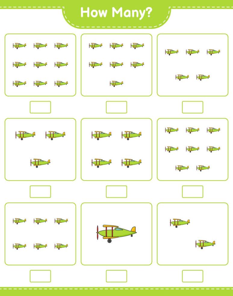 Counting game, how many Plane. Educational children game, printable worksheet, vector illustration