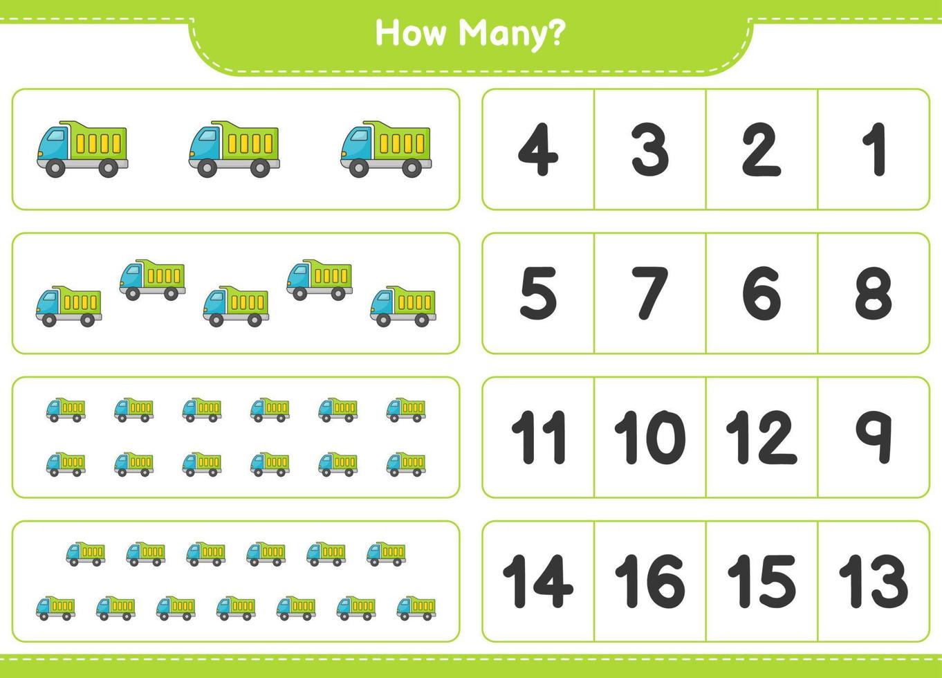 Counting game, how many Lorry. Educational children game, printable worksheet, vector illustration