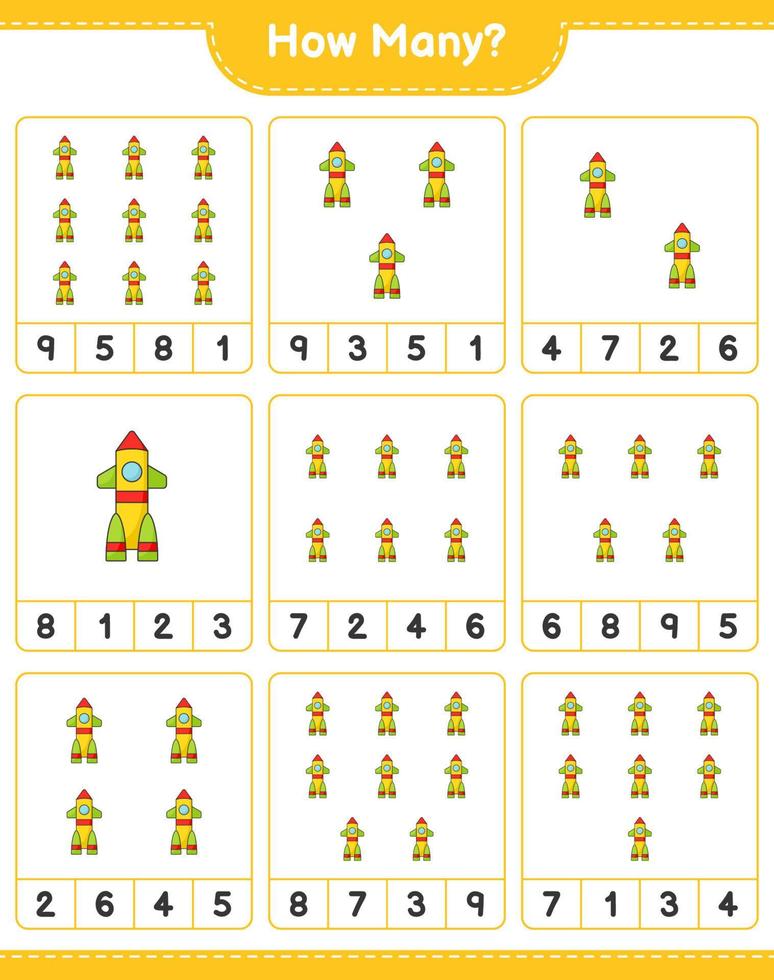 Counting game, how many Rocket. Educational children game, printable worksheet, vector illustration