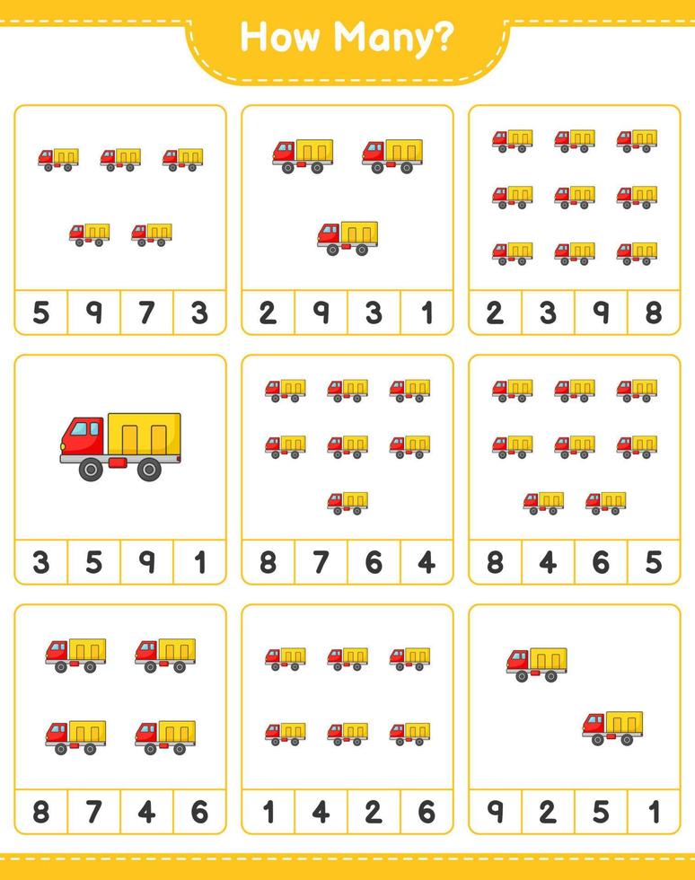 Counting game, how many Lorry. Educational children game, printable worksheet, vector illustration