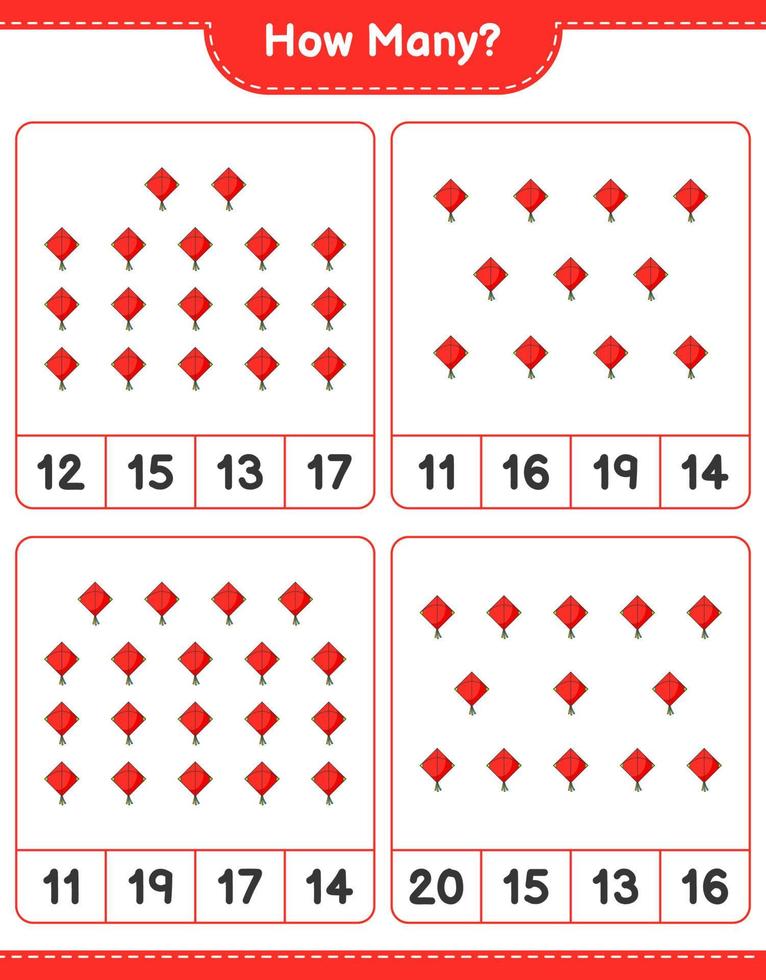 Counting game, how many Kite. Educational children game, printable worksheet, vector illustration