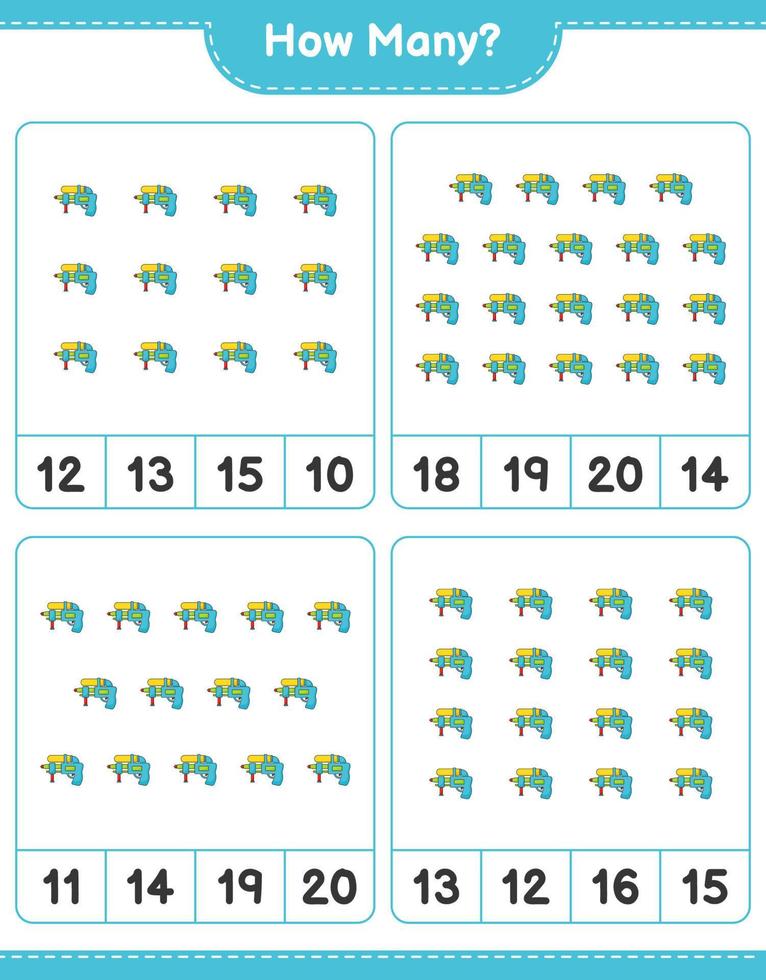 Counting game, how many Water Gun. Educational children game, printable worksheet, vector illustration