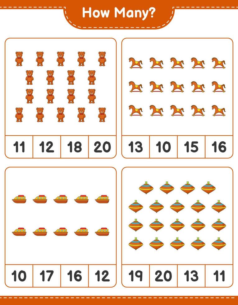 Counting game, how many Teddy Bear, Rocking Horse, Boat, and Whirligig Toy. Educational children game, printable worksheet, vector illustration