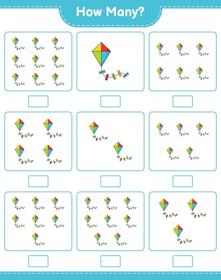 juego de conteo, cuántas cometas. juego educativo para niños, hoja de cálculo imprimible, ilustración vectorial vector