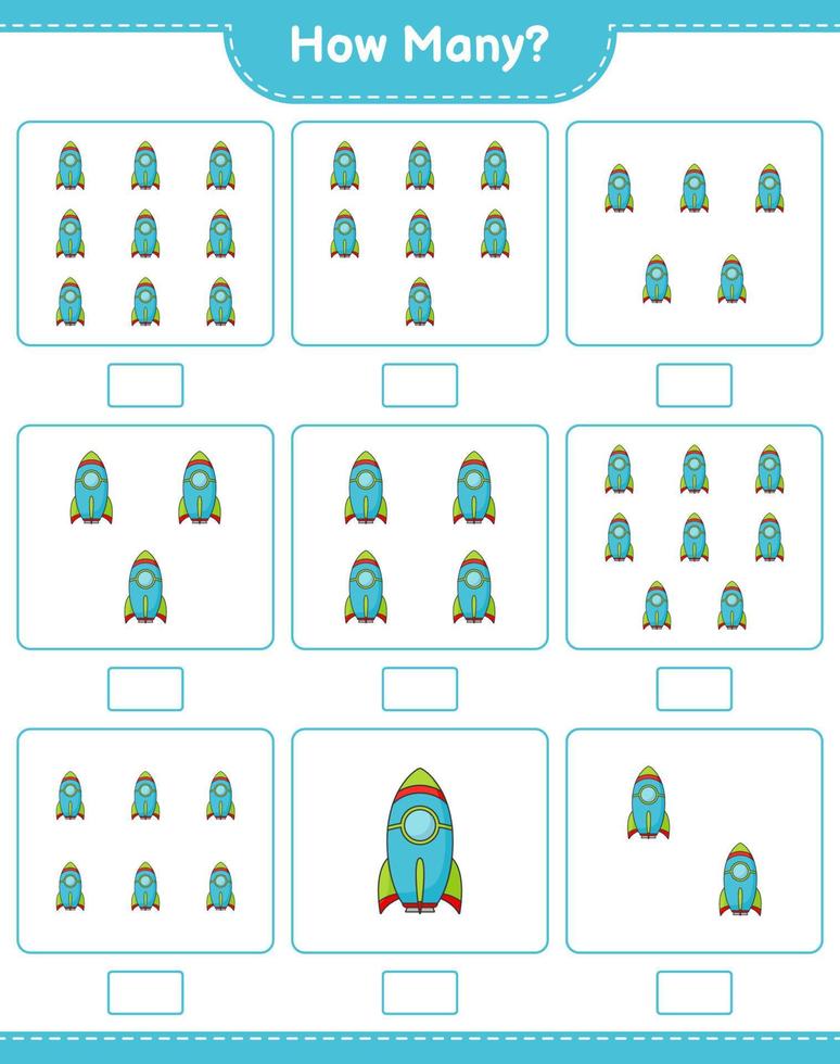 Counting game, how many Rocket. Educational children game, printable worksheet, vector illustration