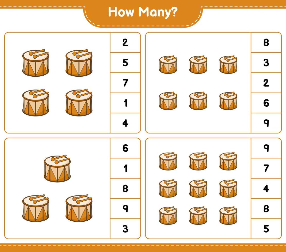 Counting game, how many Drum. Educational children game, printable worksheet, vector illustration