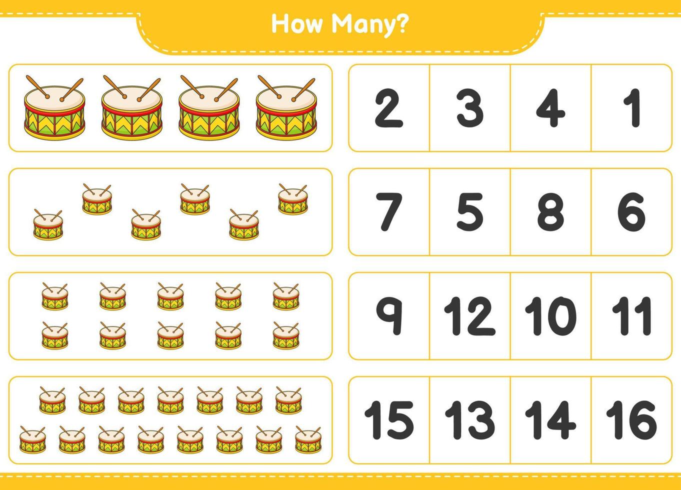 Counting game, how many Drum. Educational children game, printable worksheet, vector illustration