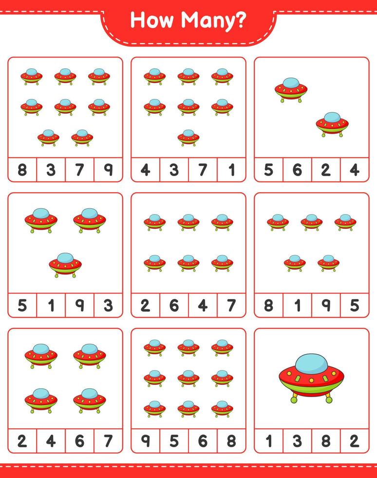 Counting game, how many Ufo. Educational children game, printable worksheet, vector illustration