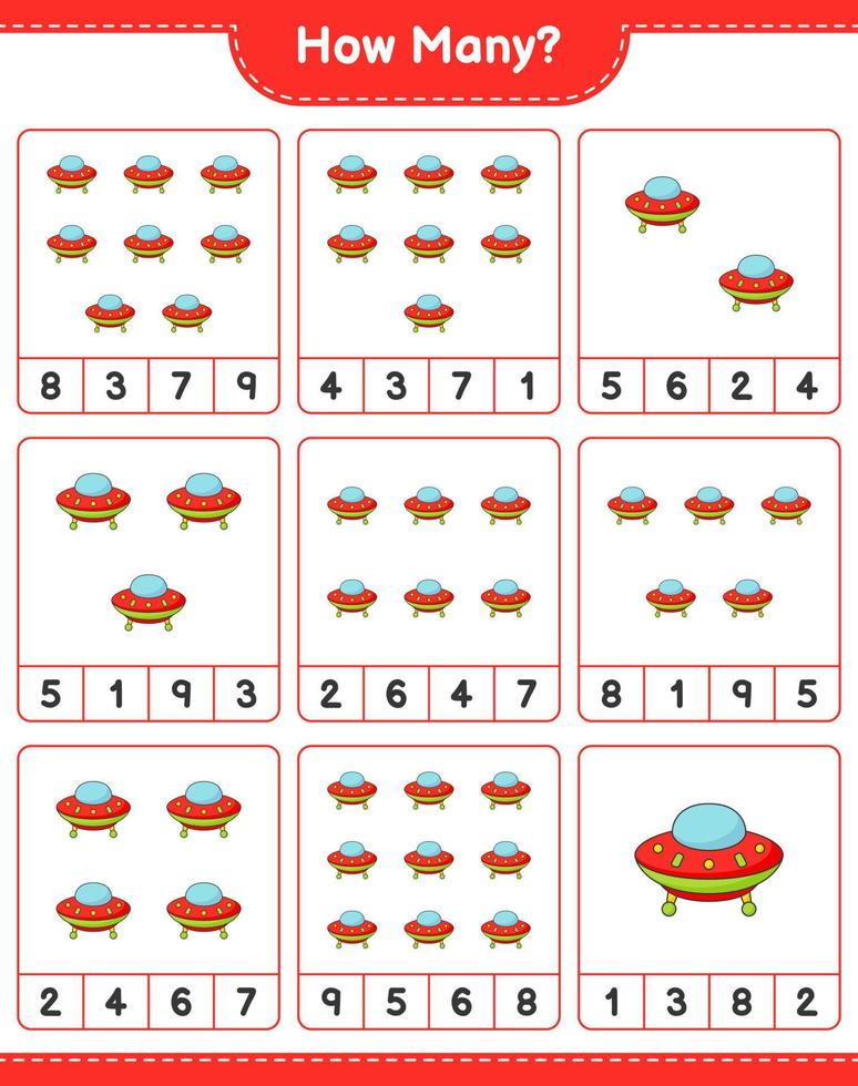 Counting game, how many Ufo. Educational children game, printable worksheet, vector illustration