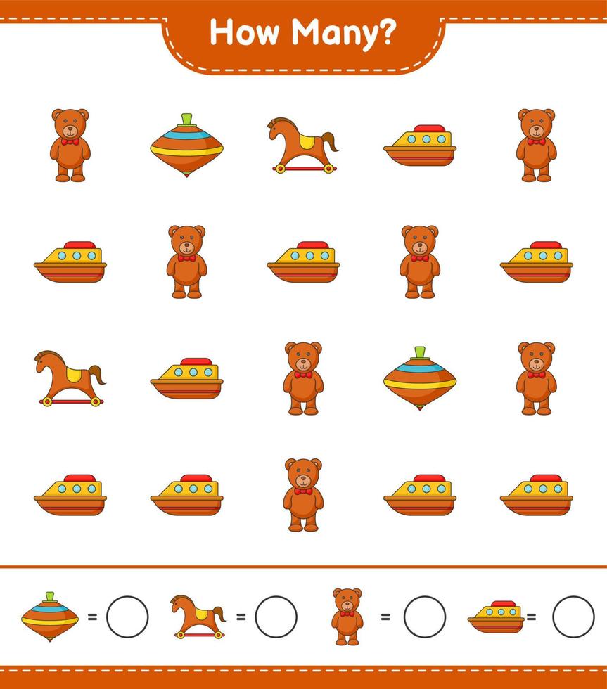 Counting game, how many Teddy Bear, Rocking Horse, Boat, and Whirligig Toy. Educational children game, printable worksheet, vector illustration