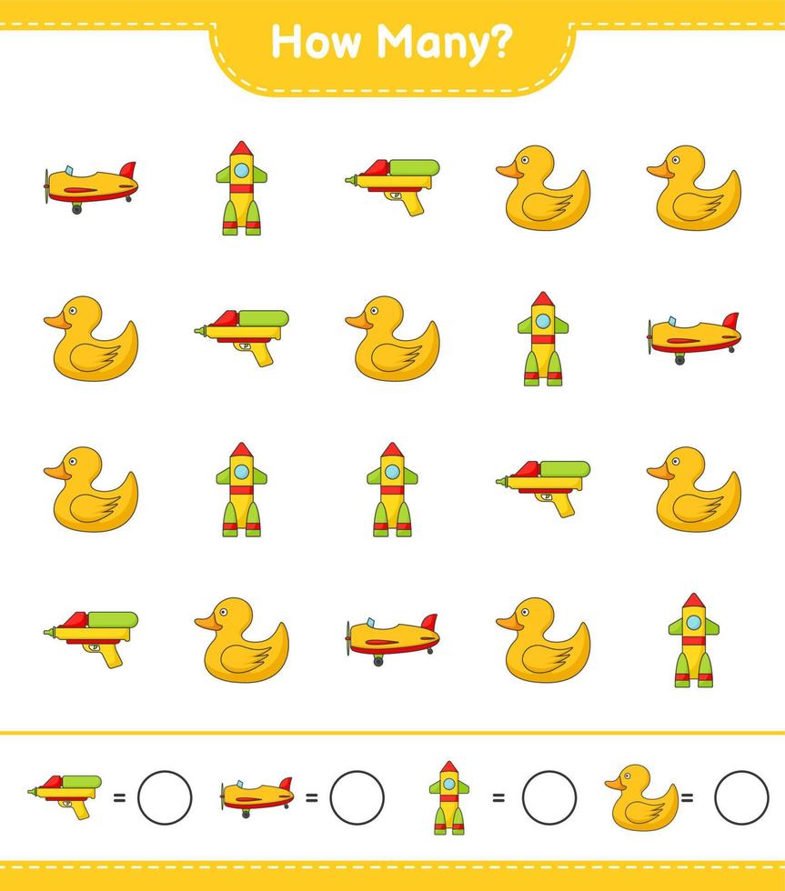 Counting game, how many Plane, Rocket, Rubber Duck, and Water Gun. Educational children game, printable worksheet, vector illustration