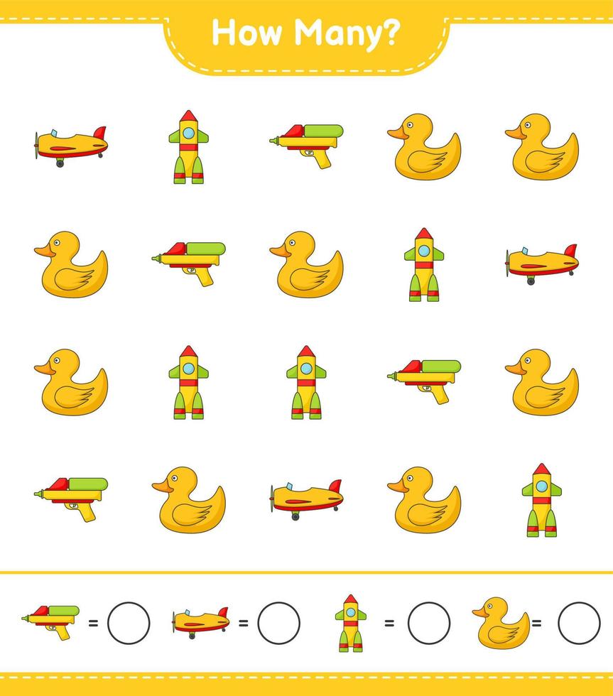 juego de conteo, cuántos aviones, cohetes, patitos de goma y pistolas de agua. juego educativo para niños, hoja de cálculo imprimible, ilustración vectorial vector