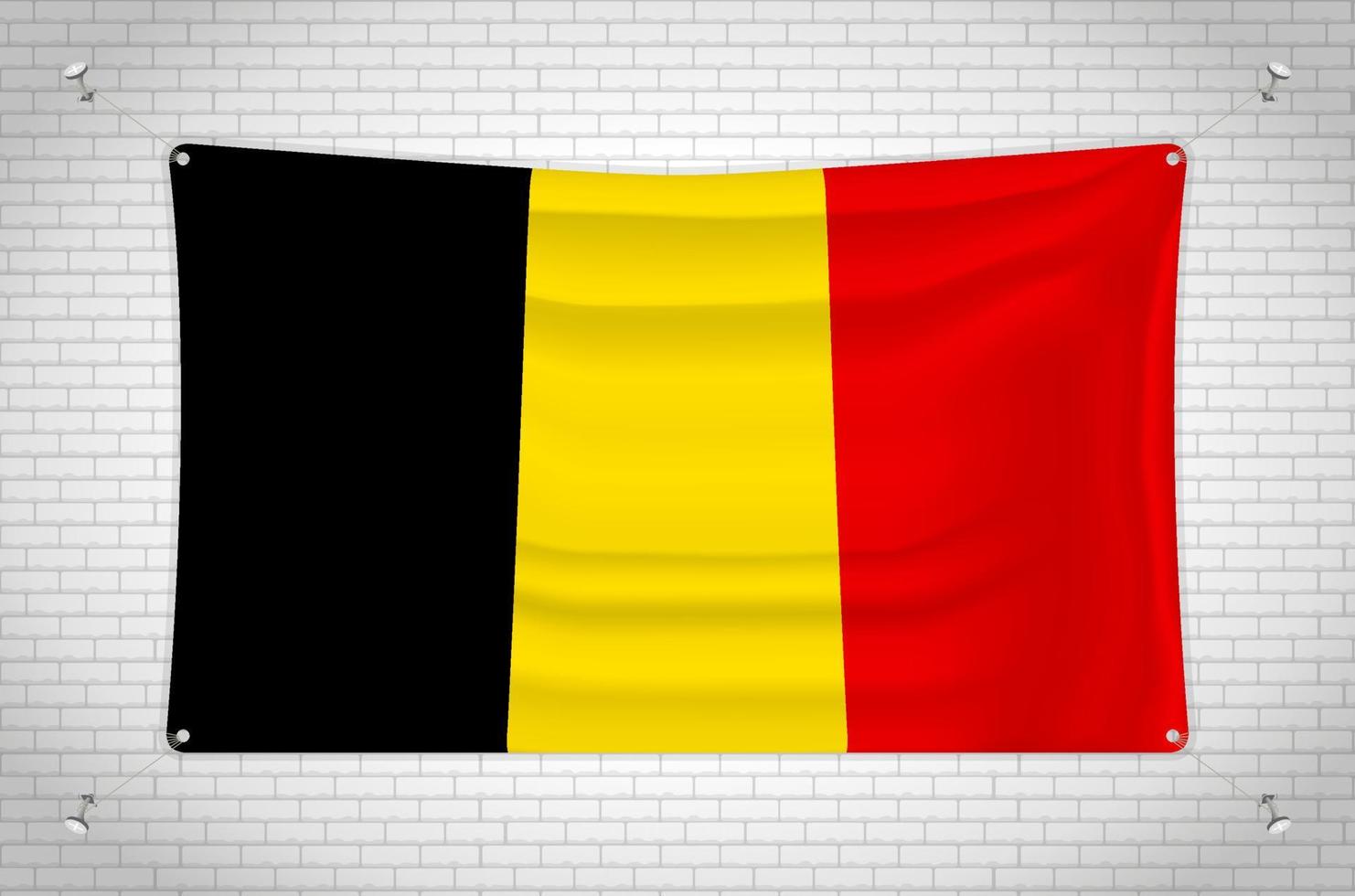 Belgium flag hanging on brick wall. 3D drawing. Flag attached to the wall. Neatly drawing in groups on separate layers for easy editing. vector