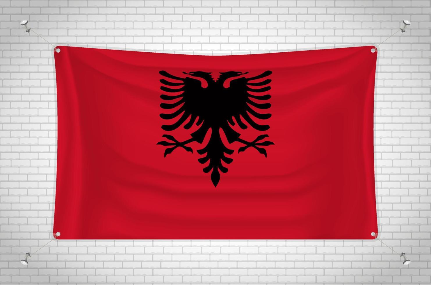 bandera de albania colgada en la pared de ladrillo. dibujo 3d bandera pegada a la pared. dibujar cuidadosamente en grupos en capas separadas para facilitar la edición. vector