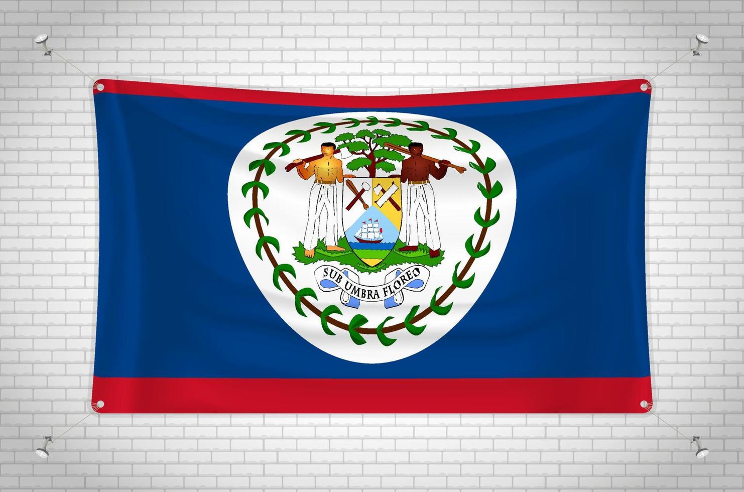Belize flag hanging on brick wall. 3D drawing. Flag attached to the wall. Neatly drawing in groups on separate layers for easy editing. vector