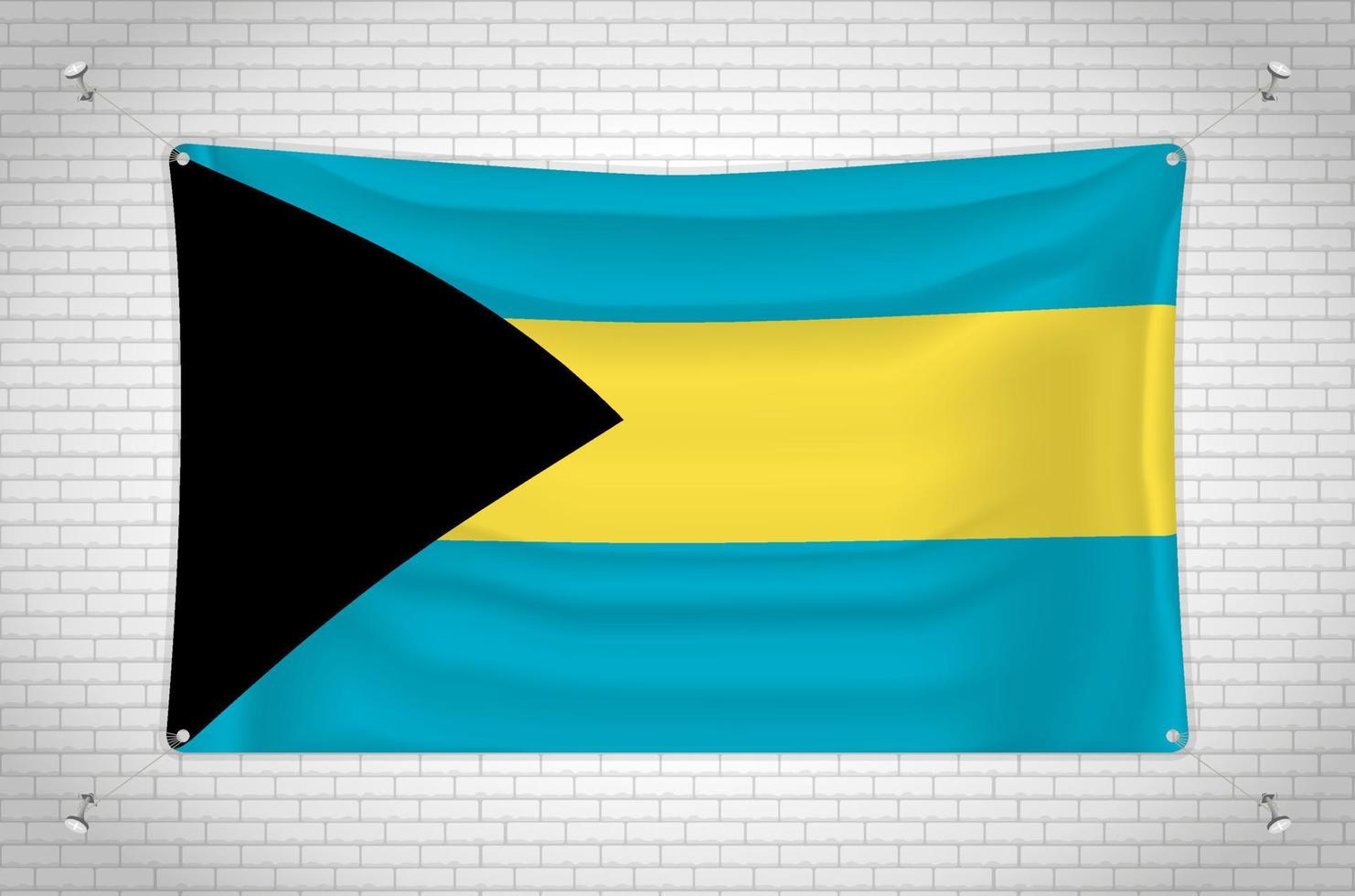 The Bahamas flag hanging on brick wall. 3D drawing. Flag attached to the wall. Neatly drawing in groups on separate layers for easy editing. vector