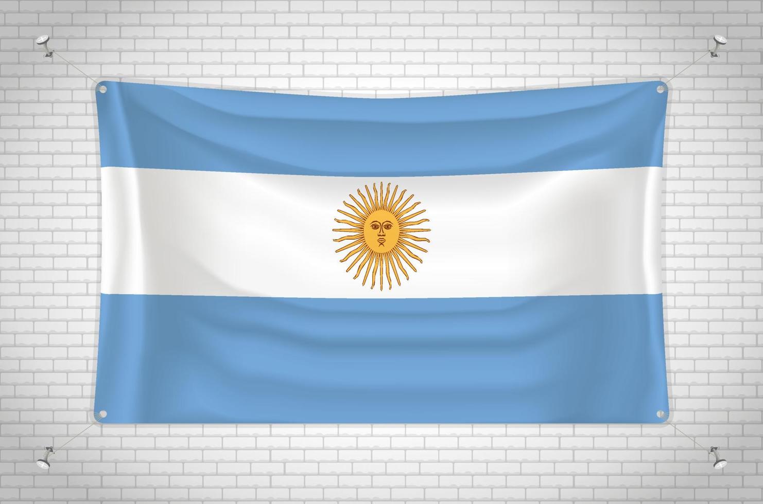 bandera argentina colgada en la pared de ladrillo. dibujo 3d bandera pegada a la pared. dibujando cuidadosamente en grupos en capas separadas para facilitar la edición. vector