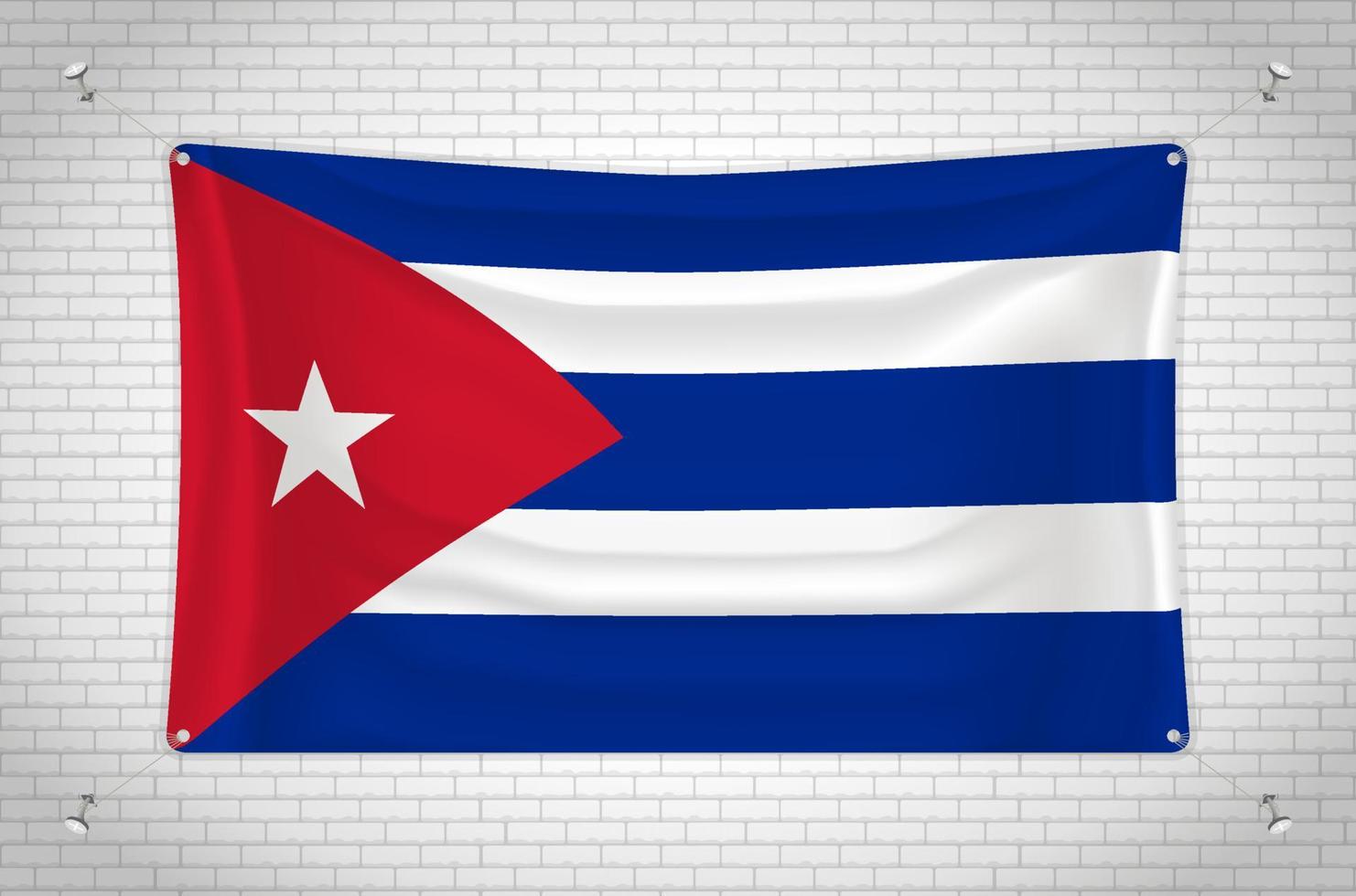 Cuba flag hanging on brick wall. 3D drawing. Flag attached to the wall. Neatly drawing in groups on separate layers for easy editing. vector