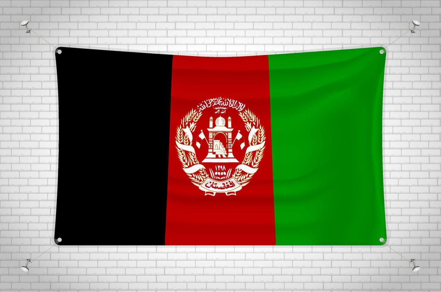 Afghanistan flag hanging on brick wall. 3D drawing. Flag attached to the wall. Neatly drawing in groups on separate layers for easy editing. vector