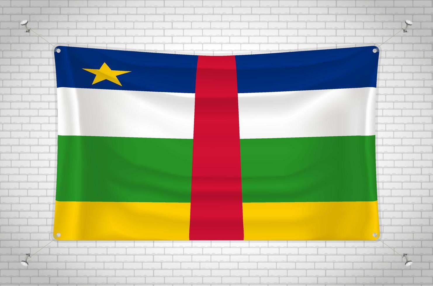 bandera de la república centroafricana colgada en la pared de ladrillo. dibujo 3d bandera pegada a la pared. dibujando cuidadosamente en grupos en capas separadas para facilitar la edición vector