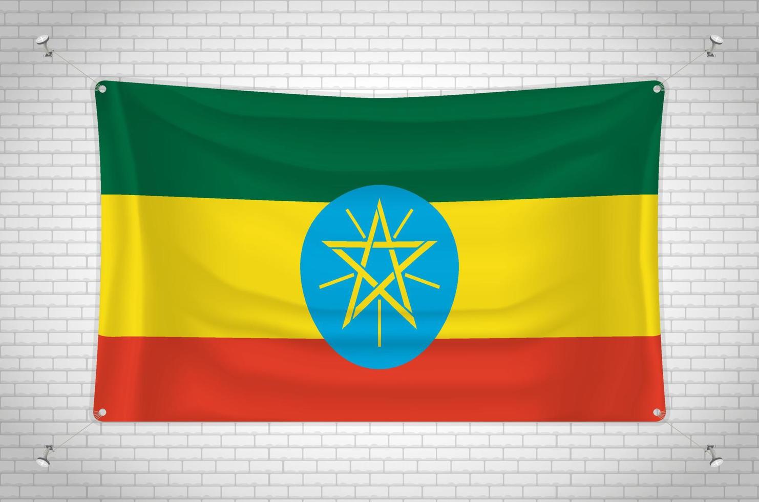 Ethiopia flag hanging on brick wall. 3D drawing. Flag attached to the wall. Neatly drawing in groups on separate layers for easy editing. vector