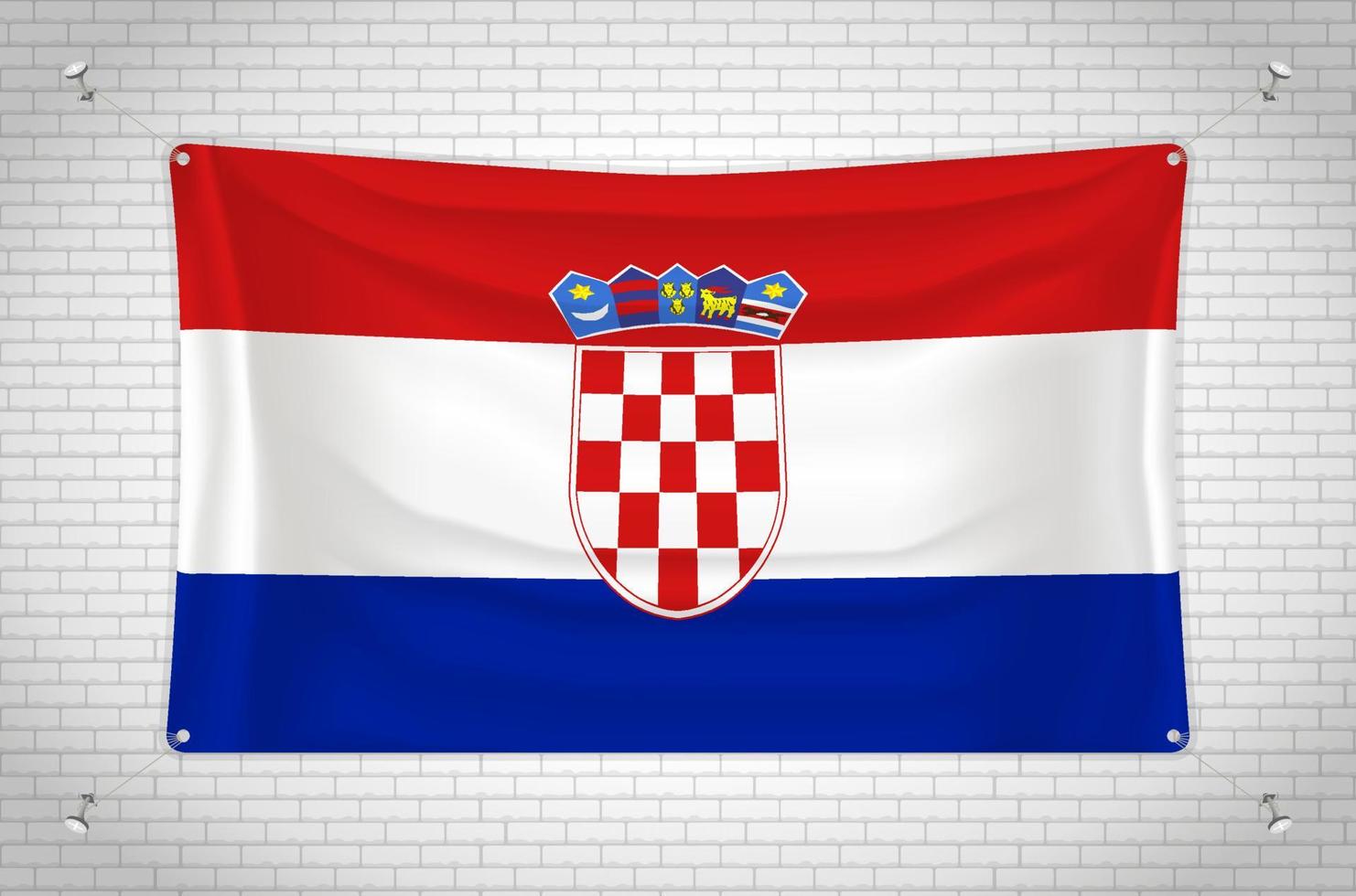 Croatia flag hanging on brick wall. 3D drawing. Flag attached to the wall. Neatly drawing in groups on separate layers for easy editing. vector