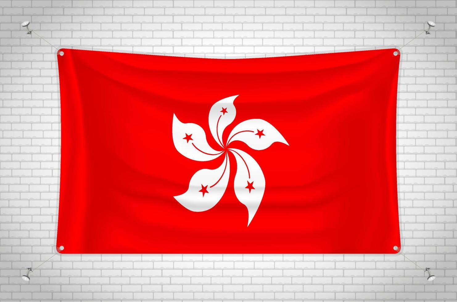 Hong Kong flag hanging on brick wall. 3D drawing. Flag attached to the wall. Neatly drawing in groups on separate layers for easy editing. vector