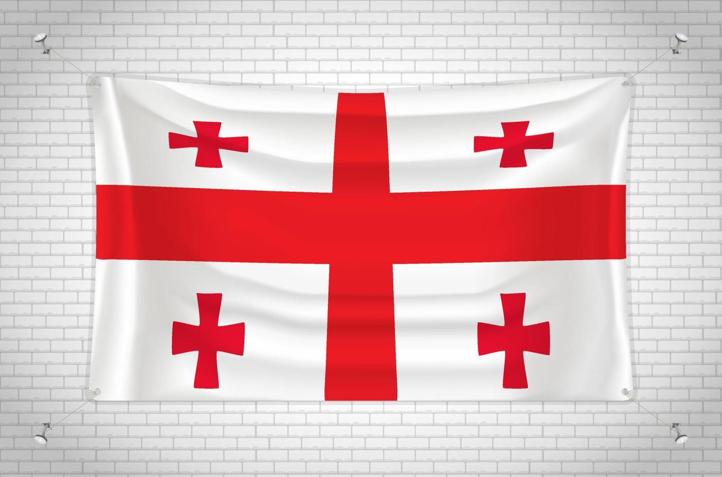 Georgia flag hanging on brick wall. 3D drawing. Flag attached to the wall. Neatly drawing in groups on separate layers for easy editing. vector