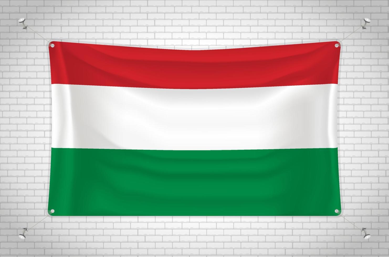 Hungary flag hanging on brick wall. 3D drawing. Flag attached to the wall. Neatly drawing in groups on separate layers for easy editing. vector