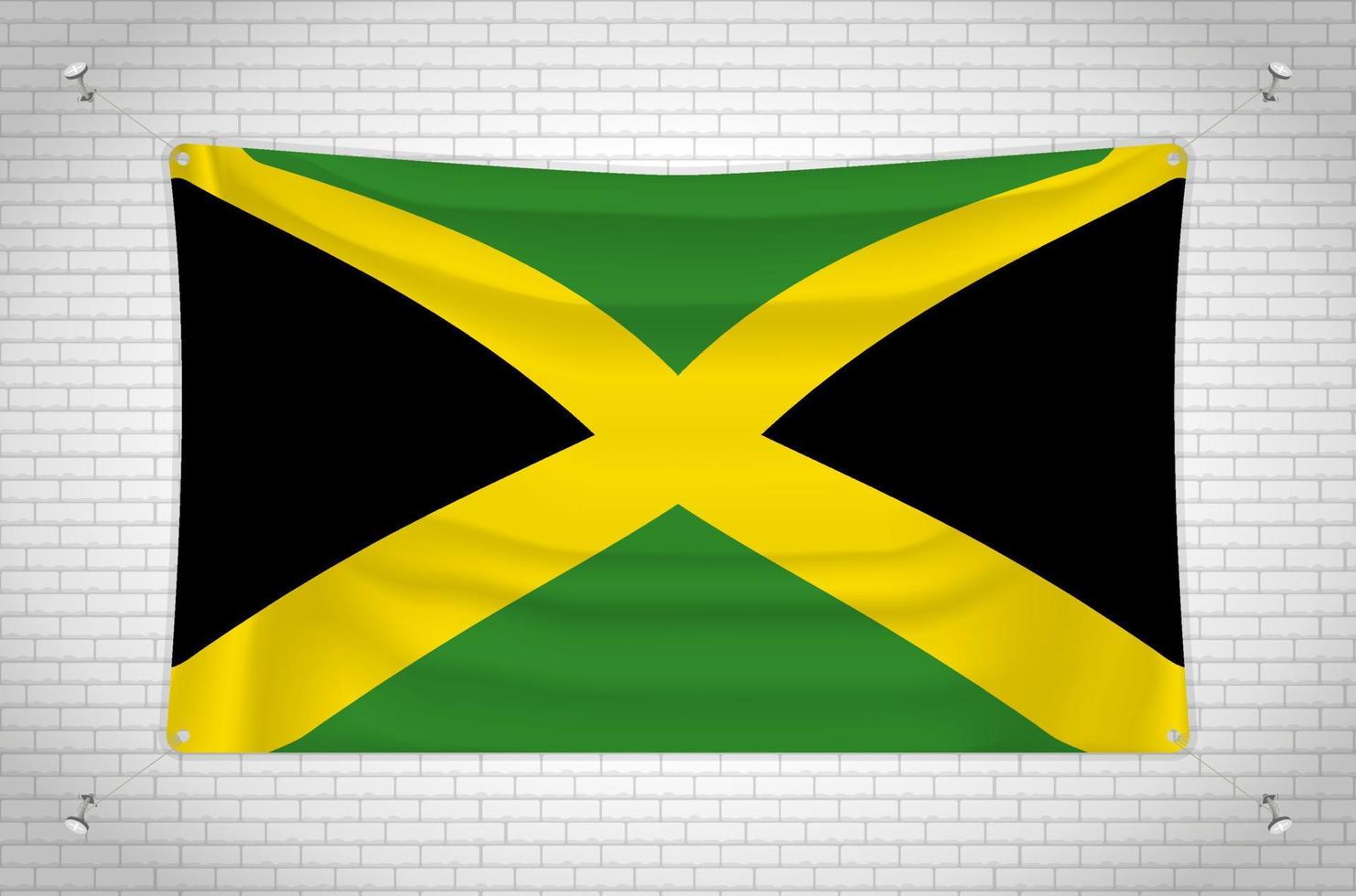 bandera de jamaica colgada en la pared de ladrillo. dibujo 3d bandera pegada a la pared. dibujando cuidadosamente en grupos en capas separadas para facilitar la edición. vector